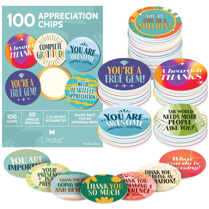 T MARIE 100 Mini Bulk Appreciation Gifts - 2.25â€ Token of Appreciation Chips for Employee Appreciation Week, Staff, Nurses, Teachers, Students and More - Share Kindness, Recognition and Motivation - Image 1