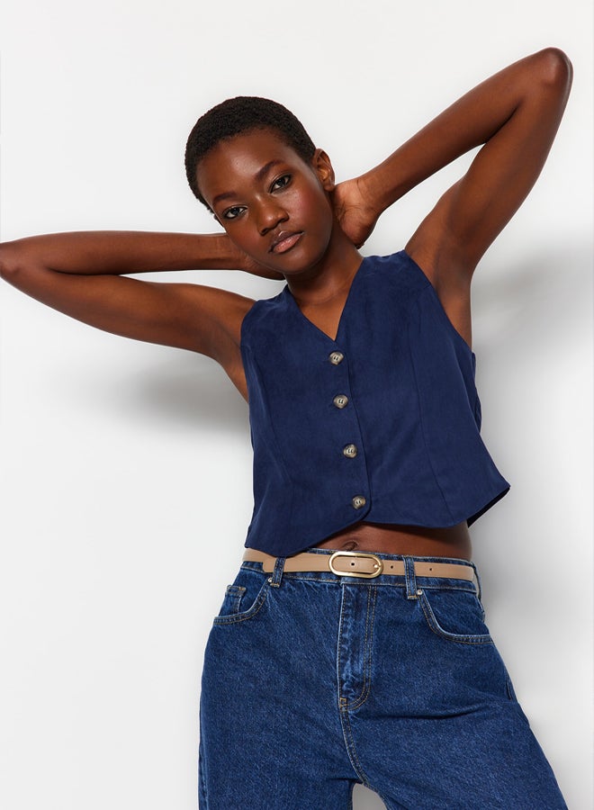 trendyol Indigo Fitted Buttoned Suede Crop Woven Vest TWOAW24YE00044 - Image 1