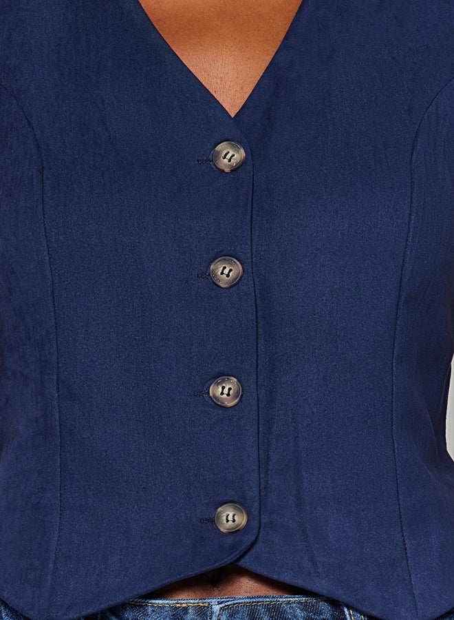 trendyol Indigo Fitted Buttoned Suede Crop Woven Vest TWOAW24YE00044 - Image 4