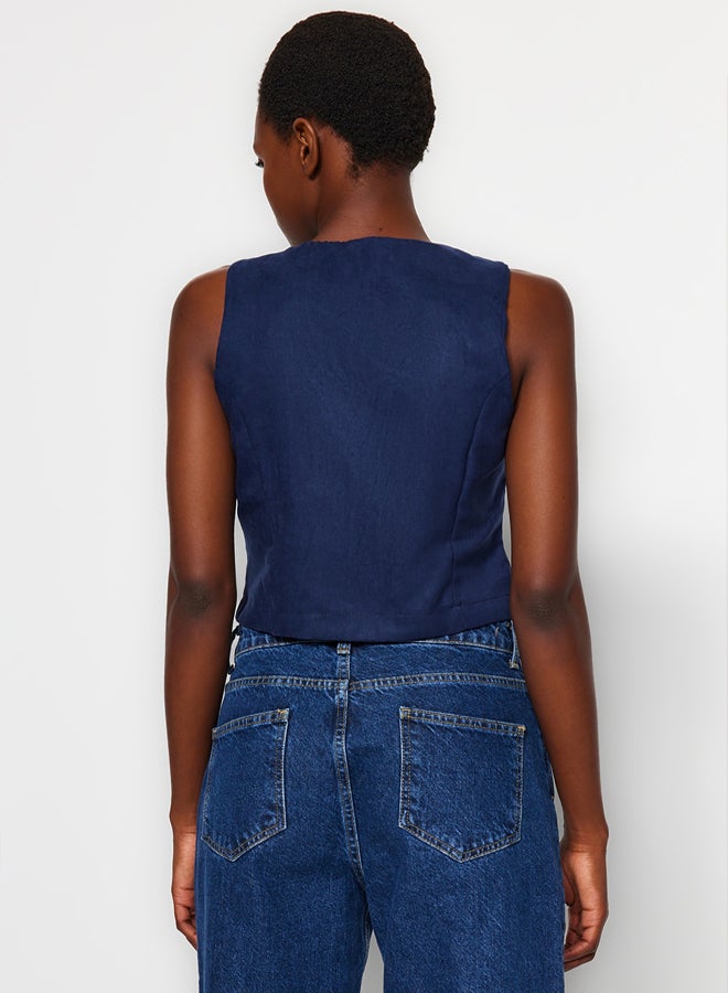 trendyol Indigo Fitted Buttoned Suede Crop Woven Vest TWOAW24YE00044 - Image 5