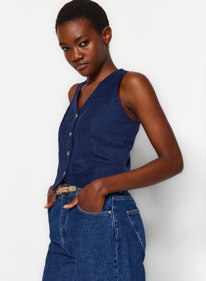 trendyol Indigo Fitted Buttoned Suede Crop Woven Vest TWOAW24YE00044 - Image 2