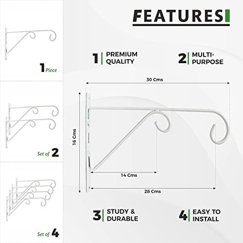 Sharpex Wall Mounted Metal Bracket | Decorative Wall Hook Plant Hanger for Hanging Pots, Bird Feeders, Flower Baskets, Planters, Lanterns, Lamps, and Wind Chimes for Indoor/Outdoor Use (White, 4 Pc) - Image 2
