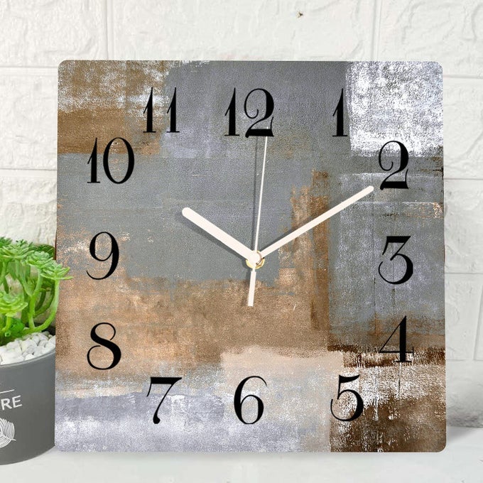 WOODEN WALL CLOCK SILENT NONTICKINGBROWN BLACK GREY WHITE ABSTRACT PAINTING MODERN WOODEN SQUARE RUSTIC WALL CLOCKS DECOR FOR HOME KITCHEN LIVING ROOM OFFICE BATTERY OPERATED12 INCH