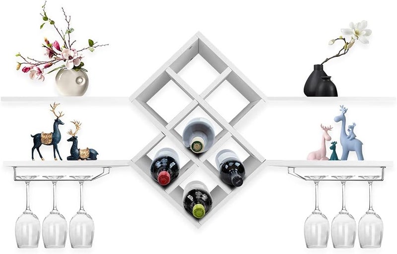 klarako Wall Mount Wine Rack, Modern Wine Bottle Holder Wooden Stemware Rack w/Storage Display Shelves and Glass Holder for Home Kitchen Bar Dining Room Wine Cellar, White - Image 1