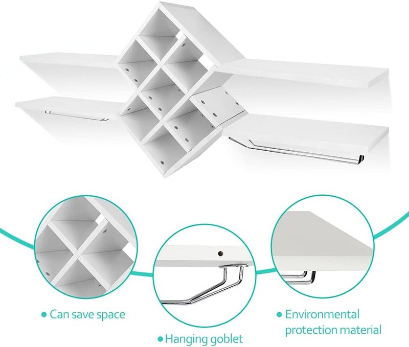 klarako Wall Mount Wine Rack, Modern Wine Bottle Holder Wooden Stemware Rack w/Storage Display Shelves and Glass Holder for Home Kitchen Bar Dining Room Wine Cellar, White - Image 3