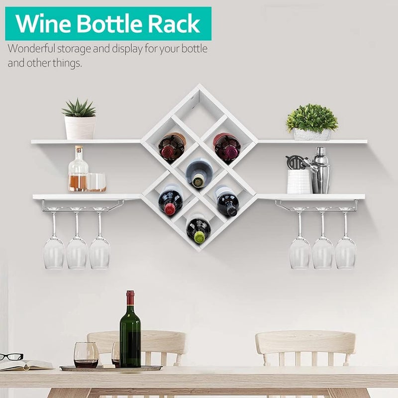 klarako Wall Mount Wine Rack, Modern Wine Bottle Holder Wooden Stemware Rack w/Storage Display Shelves and Glass Holder for Home Kitchen Bar Dining Room Wine Cellar, White - Image 2