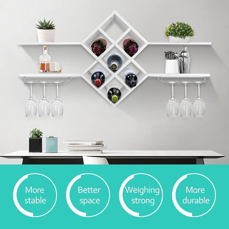 klarako Wall Mount Wine Rack, Modern Wine Bottle Holder Wooden Stemware Rack w/Storage Display Shelves and Glass Holder for Home Kitchen Bar Dining Room Wine Cellar, White - Image 4