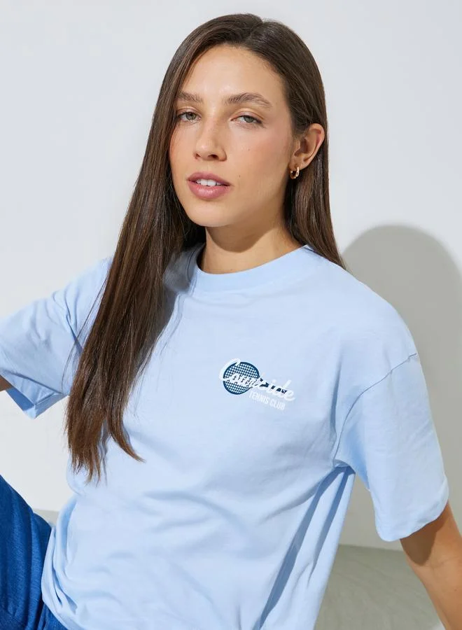 Styli Blue Oversized Graphic Cotton T-Shirt