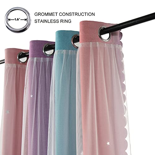 FANLI Ombre Rainbow Blackout Curtains for Kid Girls Bedroom Living Room Darking Stripe Double Layer Star Cut Out Wall Home Decor Gradient Grommet Window Curtains (Pink Purple, 52W x 72L) - Image 2