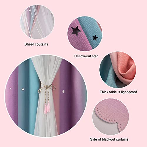 FANLI Ombre Rainbow Blackout Curtains for Kid Girls Bedroom Living Room Darking Stripe Double Layer Star Cut Out Wall Home Decor Gradient Grommet Window Curtains (Pink Purple, 52W x 72L) - Image 5