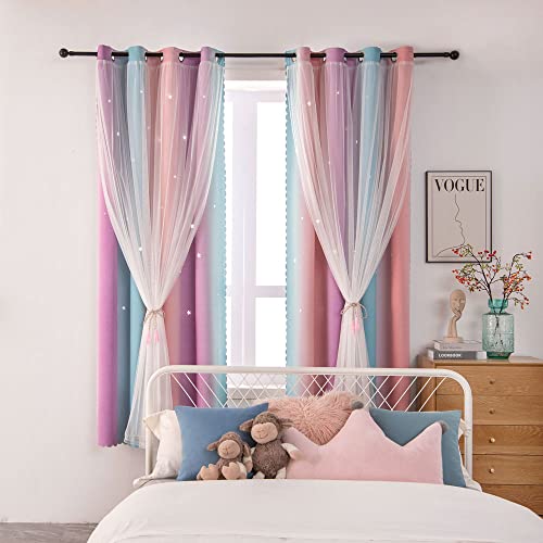 FANLI Ombre Rainbow Blackout Curtains for Kid Girls Bedroom Living Room Darking Stripe Double Layer Star Cut Out Wall Home Decor Gradient Grommet Window Curtains (Pink Purple, 52W x 72L) - Image 4