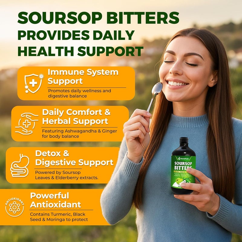 NutraPeaks Soursop Bitters Liquid  Herbal Detox Formula with Soursop Turmeric Moringa  Black Seed by NutraPeaks  Supports Immune Health  Digestive Balance  16 fl oz - Image 2