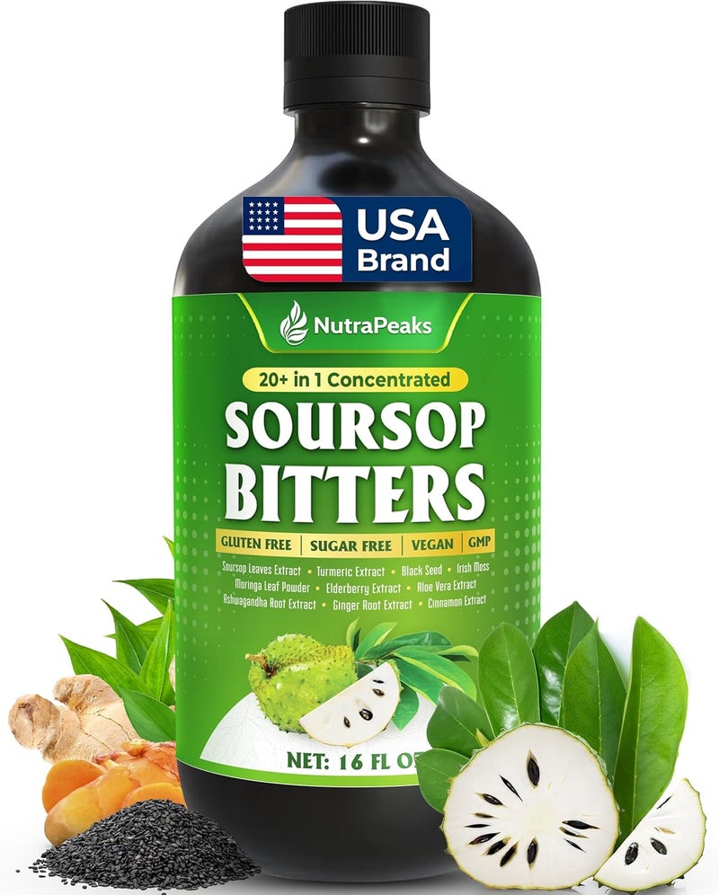 NutraPeaks Soursop Bitters Liquid  Herbal Detox Formula with Soursop Turmeric Moringa  Black Seed by NutraPeaks  Supports Immune Health  Digestive Balance  16 fl oz - Image 1