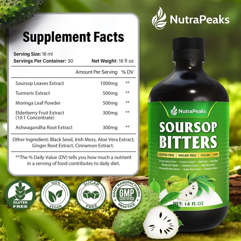 NutraPeaks Soursop Bitters Liquid  Herbal Detox Formula with Soursop Turmeric Moringa  Black Seed by NutraPeaks  Supports Immune Health  Digestive Balance  16 fl oz - Image 3