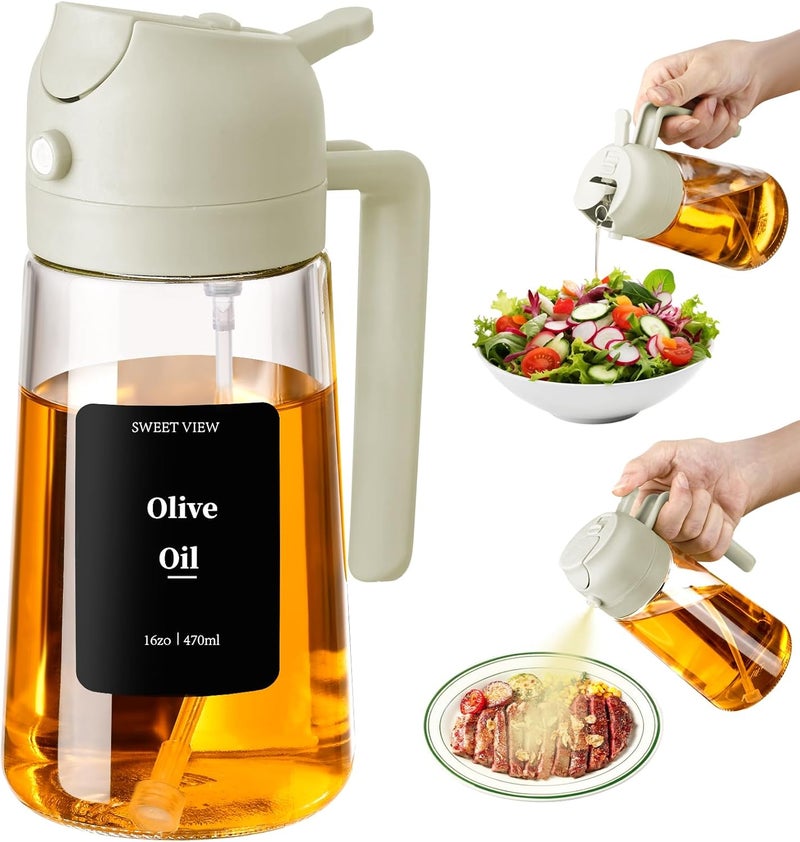 SWEET VIEW 16oz/470ml Oil Dispenser and Oil Sprayer, Glass Olive Oil Pourer for Kitchen, Air Fryer, Cooking, Salad, BBQ (White) - Image 1