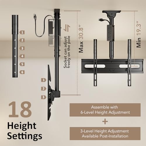 AX WABER Ceiling TV Mount with Power Outlet for 27-65 inch Flat Screen Displays, Max VESA 400x400mm, Hang Adjustable Ceiling TV Bracket Fits Most LCD LED TVs, Pole Ceiling Mount Holds up to 110lbs - Image 5