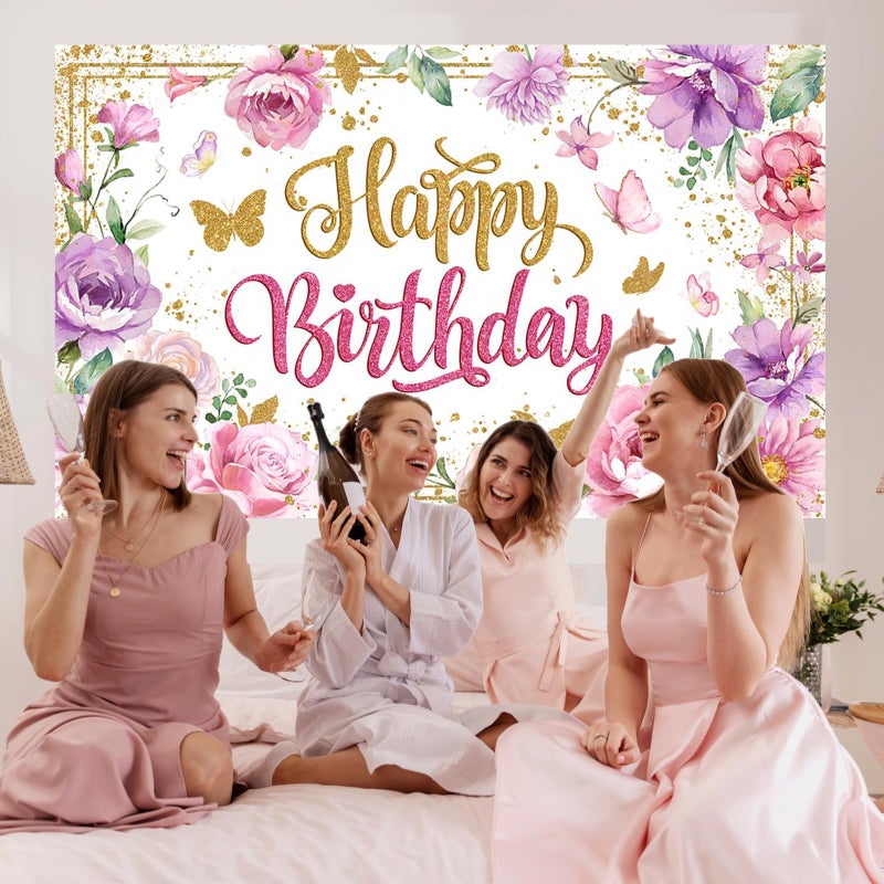Mocsicka Happy Birthday Backdrop for Women Pink Floral Happy Birthday Party Decorations Purple Flower Glitters Birthday Banner 70.8 x 43.3 Inch - Image 2