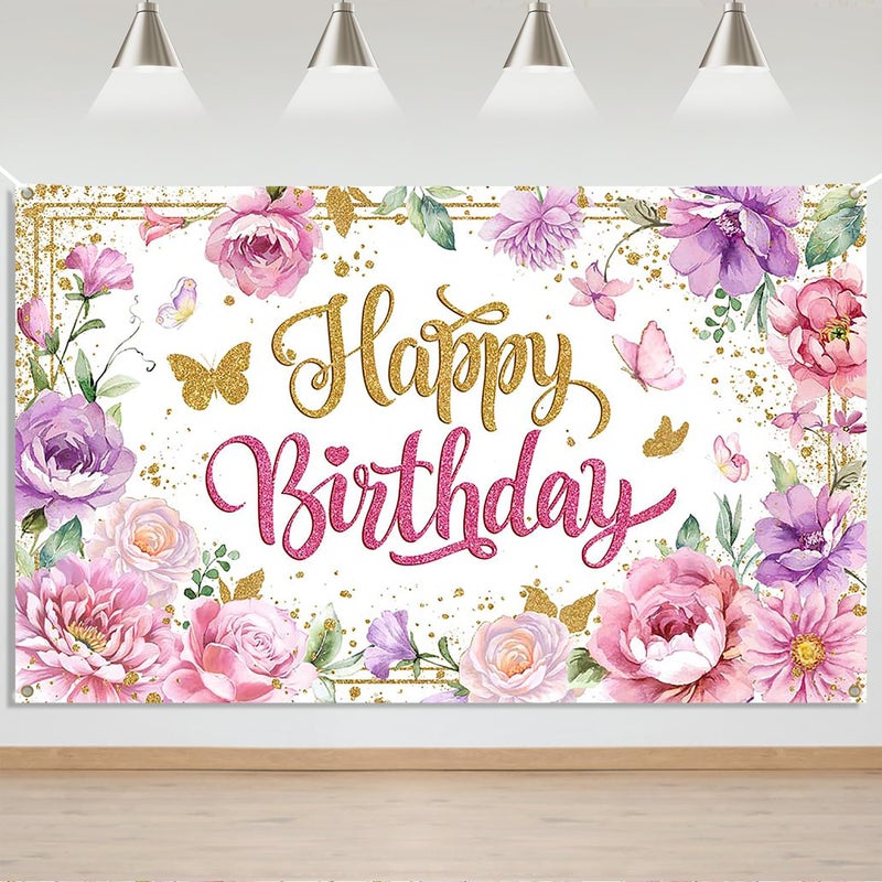 Mocsicka Happy Birthday Backdrop for Women Pink Floral Happy Birthday Party Decorations Purple Flower Glitters Birthday Banner 70.8 x 43.3 Inch - Image 1