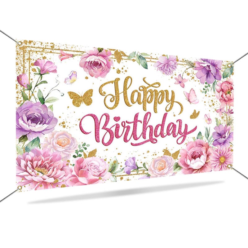 Mocsicka Happy Birthday Backdrop for Women Pink Floral Happy Birthday Party Decorations Purple Flower Glitters Birthday Banner 70.8 x 43.3 Inch - Image 5