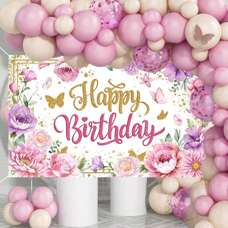 Mocsicka Happy Birthday Backdrop for Women Pink Floral Happy Birthday Party Decorations Purple Flower Glitters Birthday Banner 70.8 x 43.3 Inch - Image 4