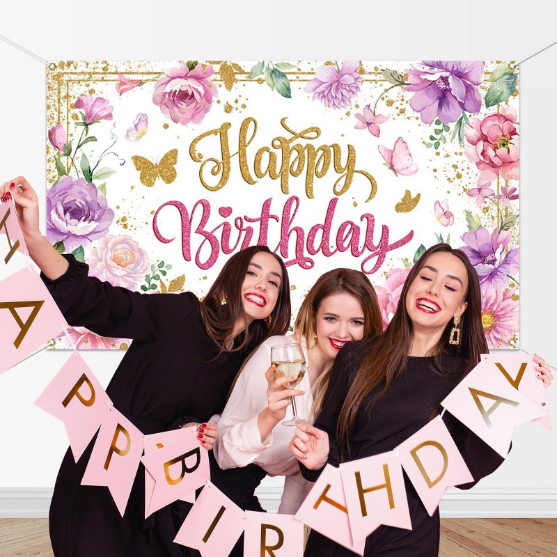 Mocsicka Happy Birthday Backdrop for Women Pink Floral Happy Birthday Party Decorations Purple Flower Glitters Birthday Banner 70.8 x 43.3 Inch - Image 3