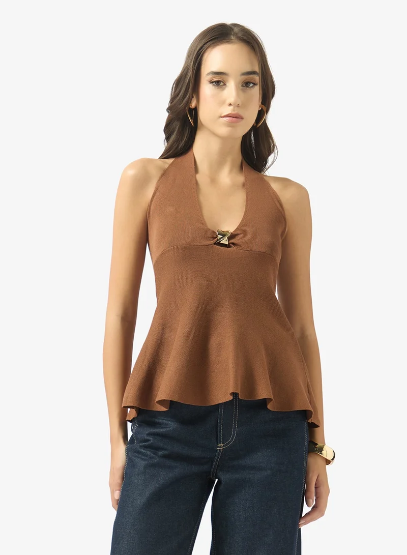 V Neck Top with Gold Accent Detail