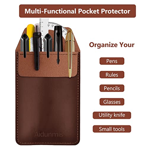 Aidunmis Pocket Protector, 2 Pieces PU Leather Pocket Pen Holder Organizer Pouch for Shirts Lab Coats Pants Pen Sleeve MultiPurpose Pen Pocket Holds Pens Pointers Pencils and Notes Card (Brown, Black) - Image 4