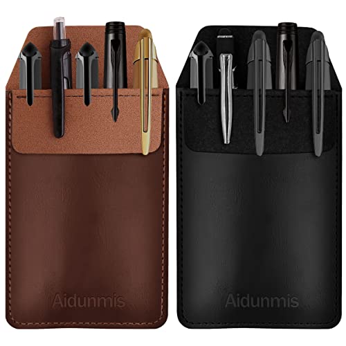 Aidunmis Pocket Protector, 2 Pieces PU Leather Pocket Pen Holder Organizer Pouch for Shirts Lab Coats Pants Pen Sleeve MultiPurpose Pen Pocket Holds Pens Pointers Pencils and Notes Card (Brown, Black) - Image 1