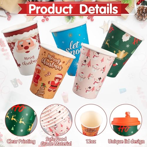 CUPLOOV 50 Pack Christmas Hot Coffee Cups with 50Pcs Lids, Xmas 12 Oz To Go Coffee Cup Hot Chocolate Cups, Christmas Disposable Paper Cup for Cold Drinks Holiday Winter Party Supplies - Image 5
