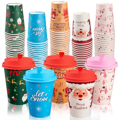 CUPLOOV 50 Pack Christmas Hot Coffee Cups with 50Pcs Lids, Xmas 12 Oz To Go Coffee Cup Hot Chocolate Cups, Christmas Disposable Paper Cup for Cold Drinks Holiday Winter Party Supplies - Image 1