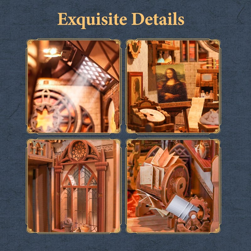 Tonecheer DIY Book Nook Kit for Adults, 3D Puzzle Wooden Miniature House Kit, Booknook Dollhouse Bookshelf Insert Decor Bookend with Dust Cover and LED Lights Gifts (Leonardo da Vinci) - Image 4