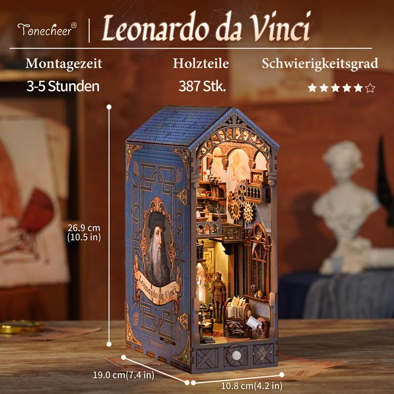 Tonecheer DIY Book Nook Kit for Adults, 3D Puzzle Wooden Miniature House Kit, Booknook Dollhouse Bookshelf Insert Decor Bookend with Dust Cover and LED Lights Gifts (Leonardo da Vinci) - Image 2