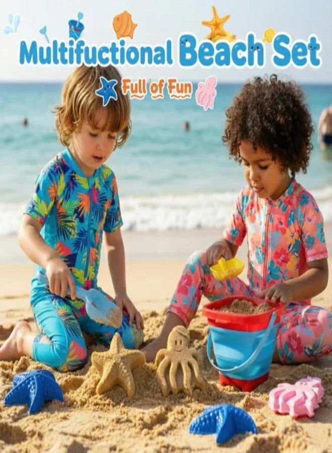 Cozycharm Beach Sand Toys Set for Toddlers, Portable Travel Beach Toys with Collapsible Bucket, Shovel, Rake, 3 Molds & Mesh Storage Bag for Kids, Summer Gift - Image 2