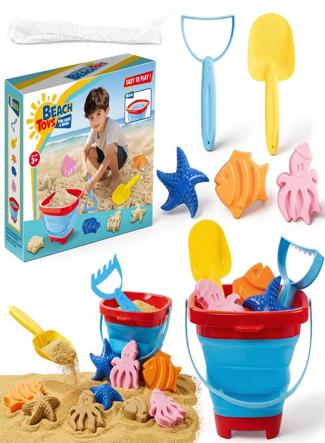 Cozycharm Beach Sand Toys Set for Toddlers, Portable Travel Beach Toys with Collapsible Bucket, Shovel, Rake, 3 Molds & Mesh Storage Bag for Kids, Summer Gift - Image 1