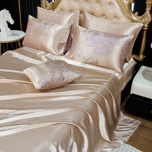 Bedding_Dreamer Jacquard Queen Comforter Set with Sheet Set Gold Bedding Set 8 Pcs Embroidery Neoclassical Floral Pattern Bed Home Decor Soft Down Comforter Luxury Hotel Silky Bed in a Bag with 1 Cushion Cover - Image 5