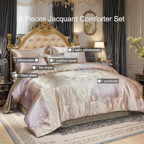 Bedding_Dreamer Jacquard Queen Comforter Set with Sheet Set Gold Bedding Set 8 Pcs Embroidery Neoclassical Floral Pattern Bed Home Decor Soft Down Comforter Luxury Hotel Silky Bed in a Bag with 1 Cushion Cover - Image 2