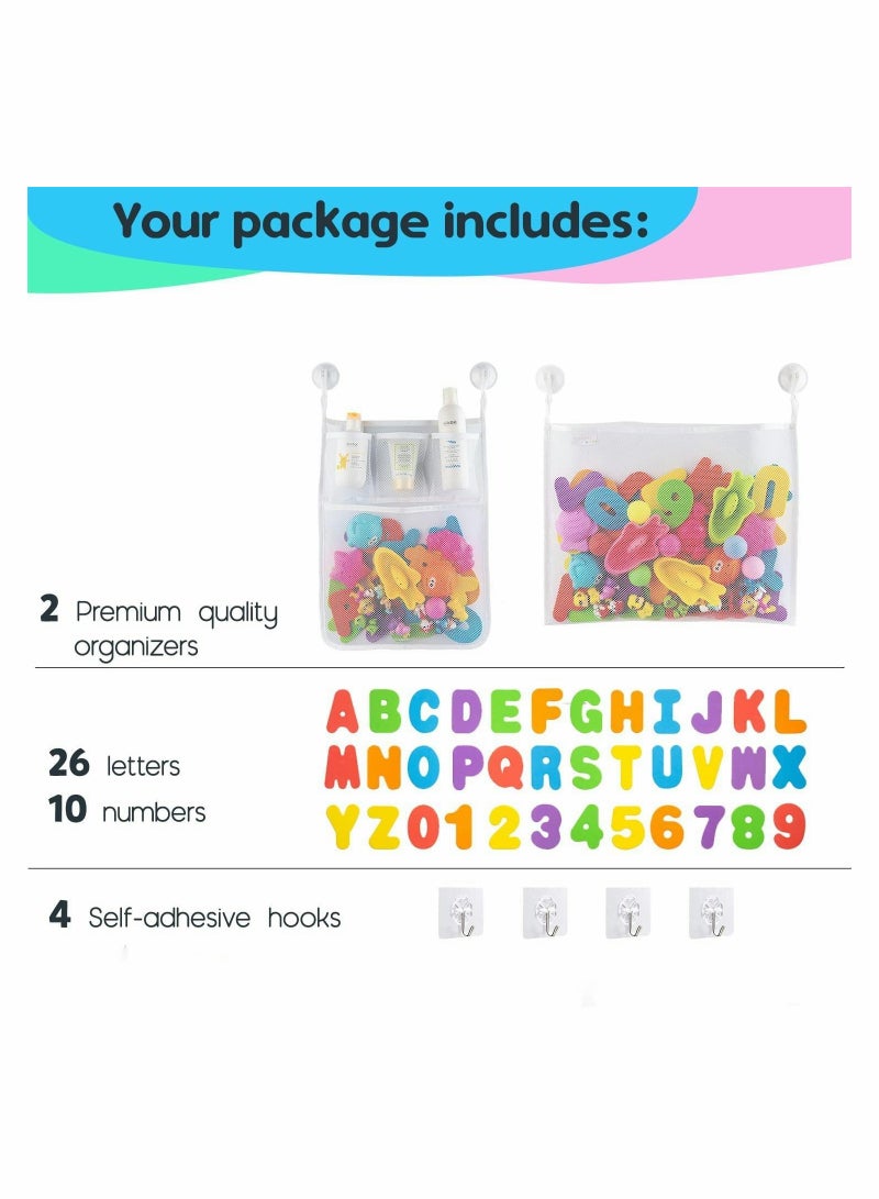 2 x Mesh Bath Toy Organizer + 4 Ultra Strong Hooks + 36 Bath Letters  Numbers – Eco-Safe, Fun, Educational Foam Baby Bath Letters and Perfect Toy Storage Net for Baby Bath Toys  More - Image 5