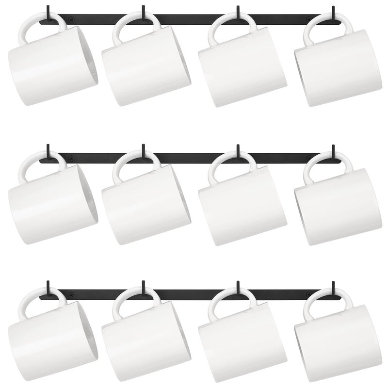 Dahey Mug Holder Metal Coffee Mug Rack Wall Mounted with 12 Mug Hooks, Set of 3, Mug Display Rack Cup Holder Storage for Kitchen Dining Room Coffee Bar, Black - Image 1