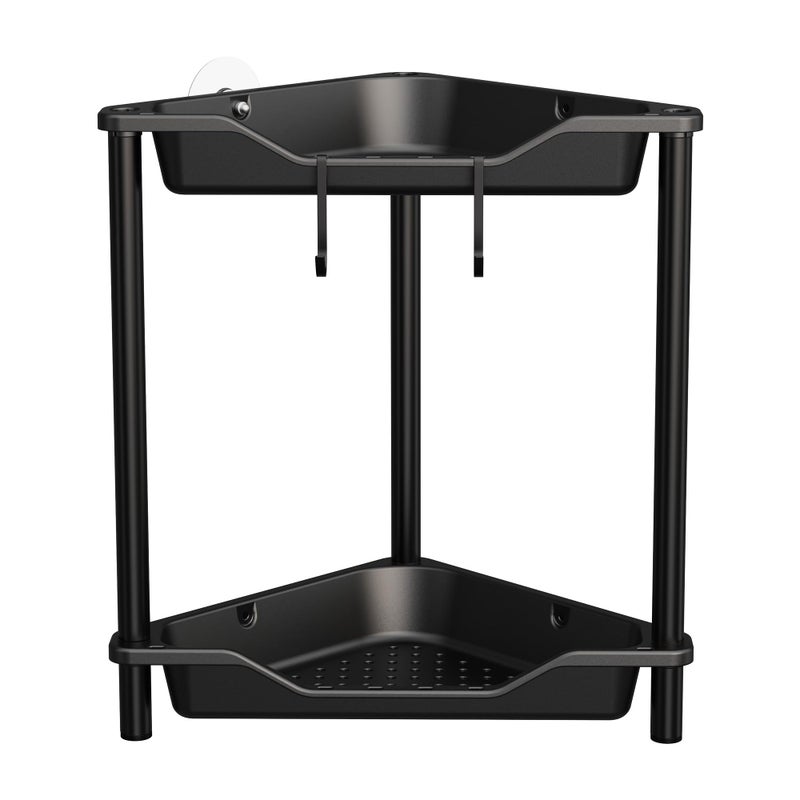 Orimade Rustproof 2 Tier Floor Standing Corner Shower Caddy Organizer Plastic Metal Splicing Floor Corner Shelf Rack Stands for Bathroom Black