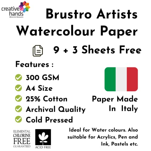 BRUSTRO Artists 25% Cotton Watercolour Paper| 300 GSM,Size A4, Cold Pressed | Pack of 12 Sheets | Ideal for Artist, Professional Drawing, Painting Dry & Wet, Fine Arts Students - Image 2