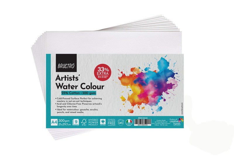BRUSTRO Artists 25% Cotton Watercolour Paper| 300 GSM,Size A4, Cold Pressed | Pack of 12 Sheets | Ideal for Artist, Professional Drawing, Painting Dry & Wet, Fine Arts Students - Image 1