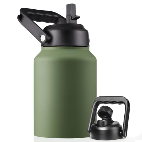 EALGRO Half Gallon Insulated Water Bottle Jug with Straw 64 oz Large Stainless Steel Sports Metal Water Flask with Handle Thermal Water Cup Mug with 2 Lids Army Green