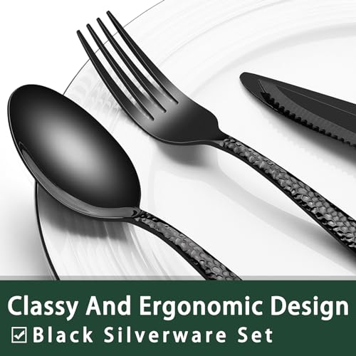 EWFEN Black Hammered Silverware Set with Steak Knives, 24-Piece Stainless Steel Wave Flatware Set for 4, Food-Grade Tableware Cutlery Set, Utensil Sets for Home Restaurant, Mirror Finish, Dishwasher Safe - Image 3