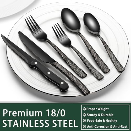 EWFEN Black Hammered Silverware Set with Steak Knives, 24-Piece Stainless Steel Wave Flatware Set for 4, Food-Grade Tableware Cutlery Set, Utensil Sets for Home Restaurant, Mirror Finish, Dishwasher Safe - Image 5