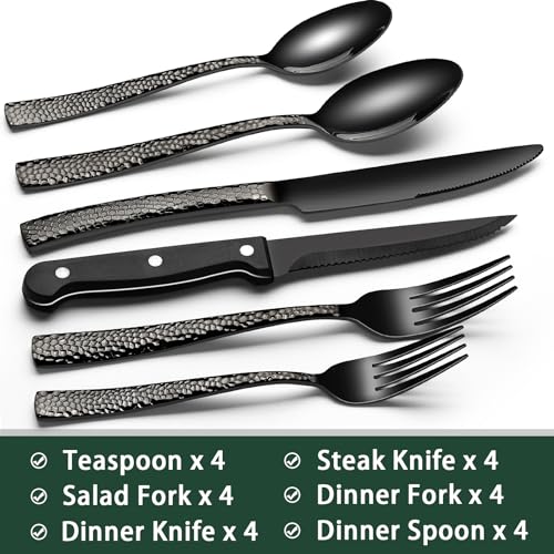 EWFEN Black Hammered Silverware Set with Steak Knives, 24-Piece Stainless Steel Wave Flatware Set for 4, Food-Grade Tableware Cutlery Set, Utensil Sets for Home Restaurant, Mirror Finish, Dishwasher Safe - Image 2