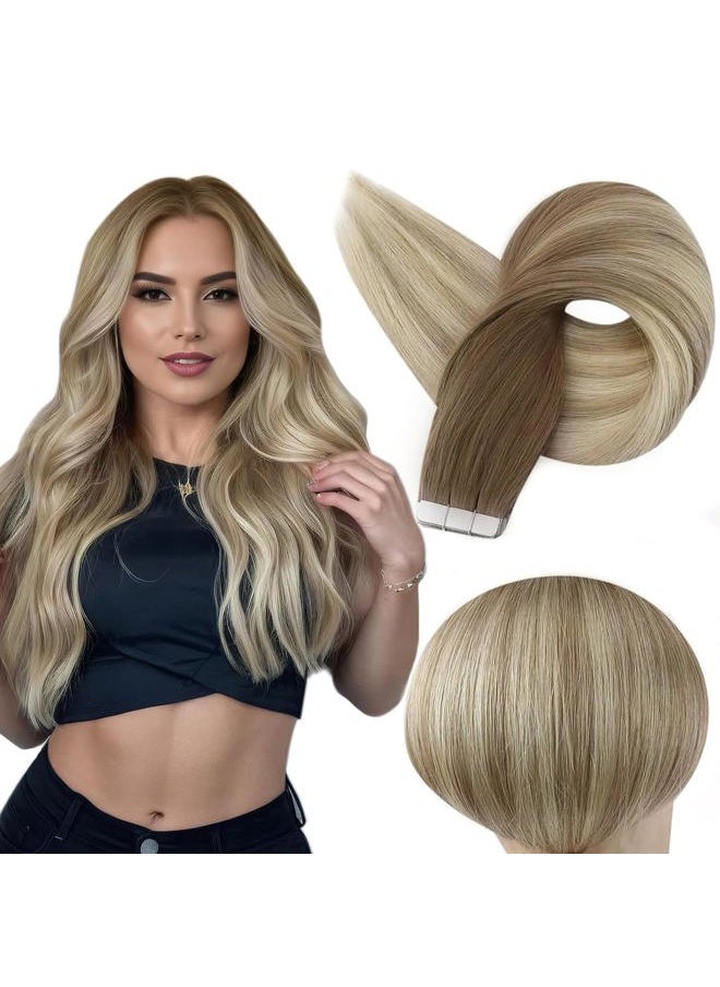 Full Shine Tape in Hair Extensions Human Hair 12 Inch Double Sided Tape Hair Balayage 8 Ash Brown to 18 Ash Blonde And 60 Platinum Blonde Tape in Real Hair Extensions Straight Hair 30 Gram 20pcs  - Image 1