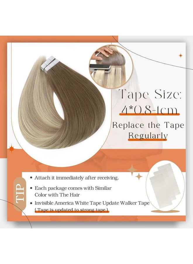 Full Shine Tape in Hair Extensions Human Hair 12 Inch Double Sided Tape Hair Balayage 8 Ash Brown to 18 Ash Blonde And 60 Platinum Blonde Tape in Real Hair Extensions Straight Hair 30 Gram 20pcs  - Image 4