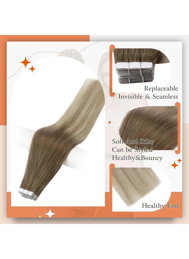 Full Shine Tape in Hair Extensions Human Hair 12 Inch Double Sided Tape Hair Balayage 8 Ash Brown to 18 Ash Blonde And 60 Platinum Blonde Tape in Real Hair Extensions Straight Hair 30 Gram 20pcs  - Image 2