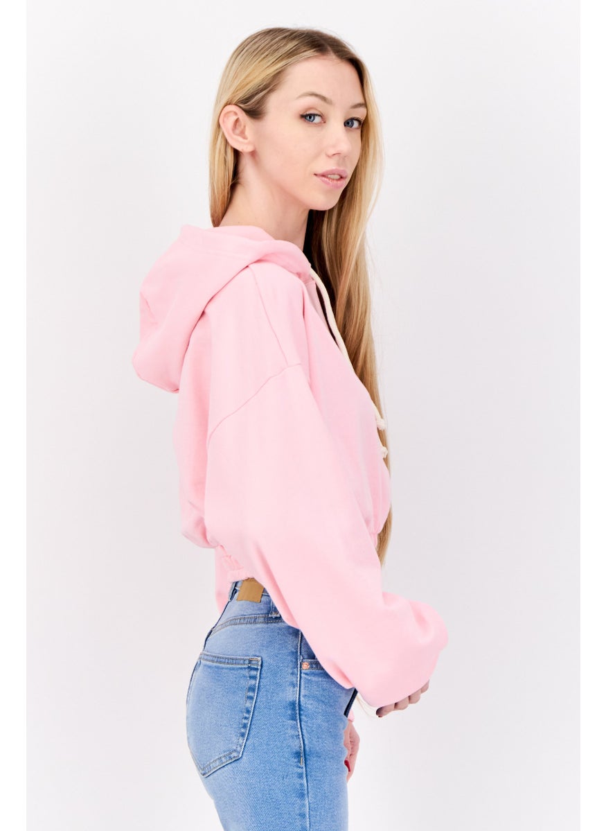 NIA Women Long Sleeve Plain Hoodei, Pink  - Image 3