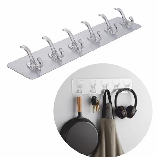 JIALTO 6-in-1 Self Adhesive Wall Hooks for Hanging Clothes – Heavy Duty Waterproof Transparent No Drill Wall Hooks for Bathroom, Kitchen & Bedroom – Multipurpose Cloth, Towel & Key Holder (1 Pc) - Image 1